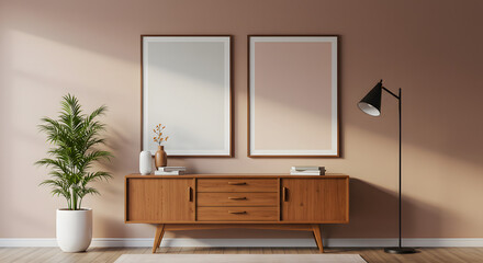 Mid-century modern living room interior with empty frames and wooden sideboard.