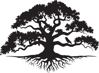 Silhouette of a large oak tree with sprawling roots and a bird branches