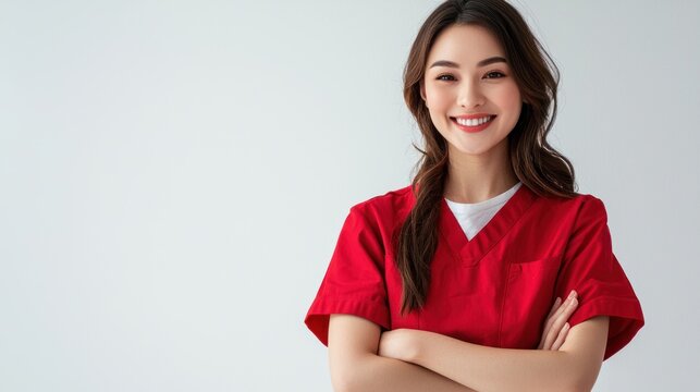 A young woman in a red uniform standing against a white background.