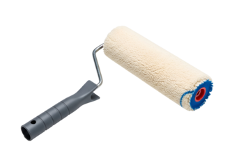 close-up of paint roller with beige textured cover on black background