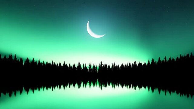 A serene image of a forest at night, silhouetted against a vibrant green aurora borealis.