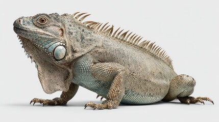 Obraz premium Iguana poses, scales detailed, on light ground, crest along back, dewlap inflated