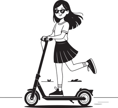 Smiling girl with sunglasses riding a kick scooter on white background child