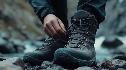 Lacing Up Hiking Boots for a Rugged Mountain Trail Adventure