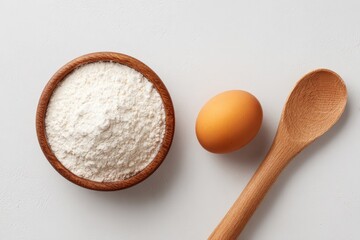 Bowl of flour with egg and wooden spoon on clean surface, minima