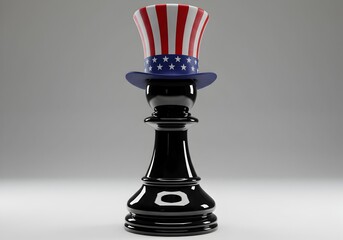 Black King Chess Piece with Uncle Sam Hat on Light Background, Representing US Political Power