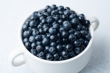 Blueberries in white bowl on light background for breakfast, diet or wellness concept