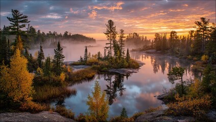 Obraz premium Autumn lake sunrise panorama