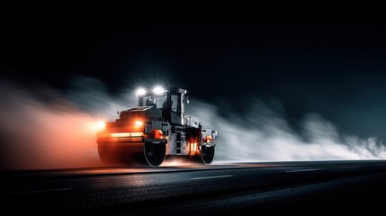 Night road construction, asphalt roller, city lights, smoke