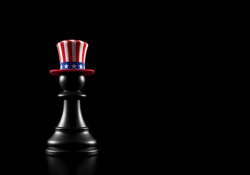 Black Pawn Chess Piece with Uncle Sam Hat on Pure Black Background, US Citizen Symbol