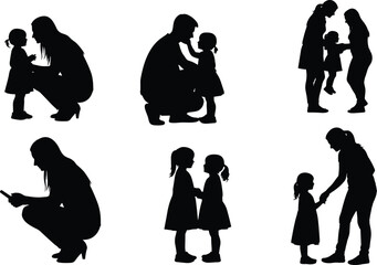 Adult and child silhouette interactions, parenting and family connection poses, vector illustration for childcare, education, bonding, and relationship concept designs
