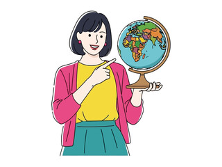 Global Discovery: An illustration presents a smiling educator pointing to a globe, encouraging an environment of discovery and education.