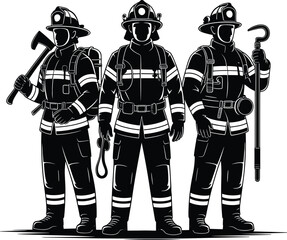 Firefighter silhouettes, full gear, holding axe, rope, pike pole, emergency responders, rescue team, safety equipment, fire service, bravery, heroism