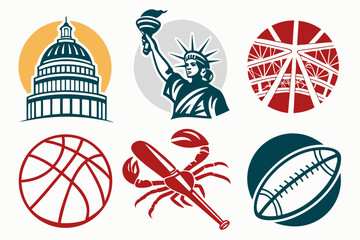 Collection of iconic landmarks and sports symbols