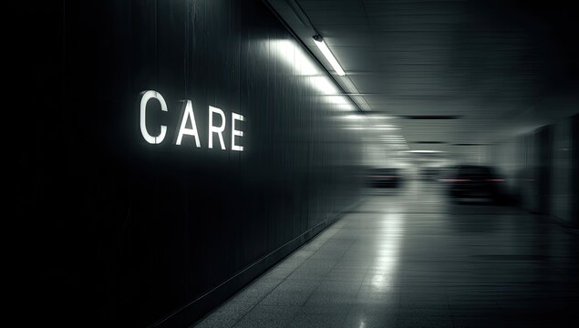Dark tunnel interior with illuminated sign