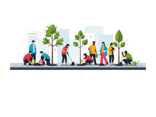 Naklejka premium Community Planting Trees: A group of individuals actively planting trees, embodying community involvement in an urban landscape, creating a scene of environmental stewardship and collective effort.