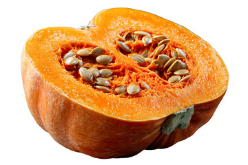 Cut pumpkin with seeds on clear background