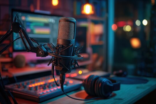 Nighttime podcast recording studio setup with microphone