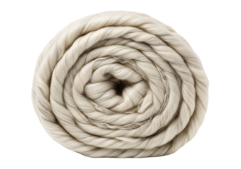 Coiled off-white rope tightly wound into a compact circular shape with a black background