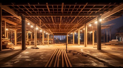 Naklejka premium Nighttime construction site with lit interior and warm glow illuminating wood framing, clear contrast between finished and unfinished sections.