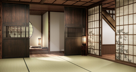 Traditional Japanese tatami room interior with wooden elements shoji sliding doors, and soft warm...