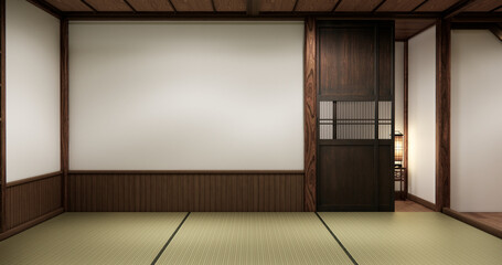 Traditional Japanese tatami room interior with wooden elements shoji sliding doors, and soft warm...