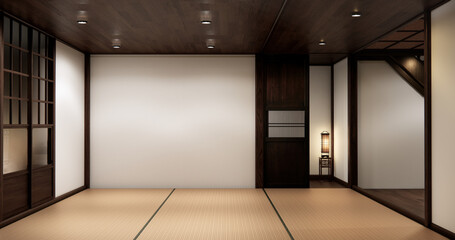 Traditional Japanese tatami room interior with wooden elements shoji sliding doors, and soft warm...
