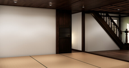 Traditional Japanese tatami room interior with wooden elements shoji sliding doors, and soft warm...