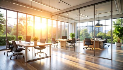 Fototapeta premium Beautiful blurred background of a light modern office interior with panoramic windows and beautiful lighting.