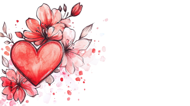 • A hand-drawn Mother’s Day card with a heart and flowers, isolated on white background in HD