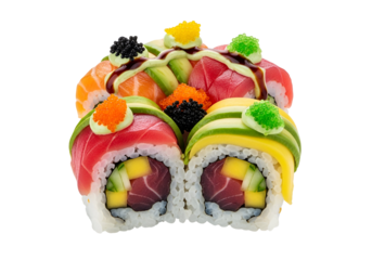colorful assortment of sushi rolls with fresh fish vegetables and toppings displayed on a black