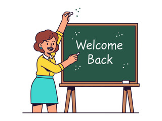 Warm Welcome: a teacher's inviting gesture, using chalk to inscribe the words, 'Welcome Back', against a classroom chalkboard, signifying the start of a new term and fresh beginnings. 