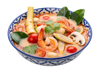 Colorful bowl of authentic Asian-style seafood and vegetable soup with fresh herbs and chopped