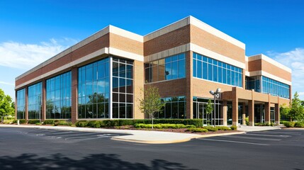 Obraz premium A modern office building with glass windows and a clear blue sky in the background.