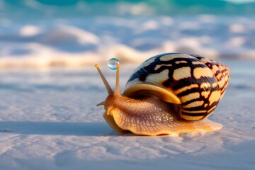 Close up of a colorful sea snail crawling on a sandy beach with blurred ocean background