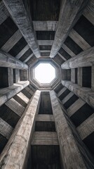 Fototapeta premium Octagonal well shaft, upward view, light, concrete structure, architectural detail