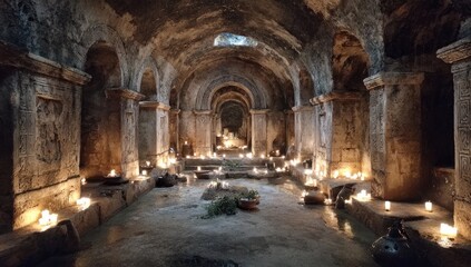 Ancient subterranean chamber lit by candles