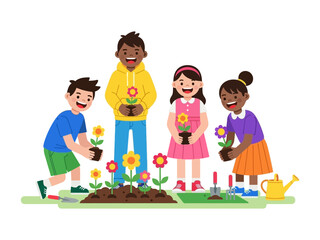 Blossoming Joy: A Group of Youngsters Engaged in Gardening, fostering a spirit of growth, teamwork, and environmental consciousness. 