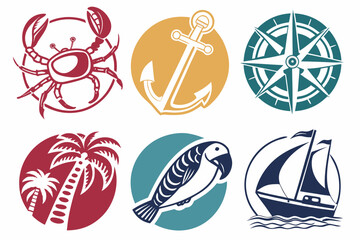 Nautical and tropical icons including crab, anchor, compass, palm tree, parrot, sailboat