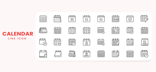 Calendar line icons set. Related Appointment, Date, Deadline, Holiday, Meeting, Office, Plan, Schedule, Time Management and more icon vector illustration