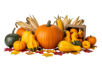 Colorful Harvest of Pumpkins Accompanied by Autumn Leaves and Corn on a Black Background