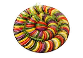 Colorful layered vegetable platter with fresh herbs arranged in a coiled pattern on black background