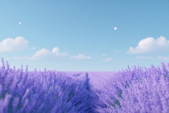 Lavender fields stretch under bright blue sky with soft clouds d