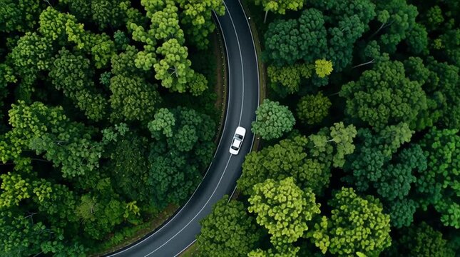 Aerial drone shot of a modern electric car driving on an open road, symbolizing clean energy, sustainable transport, and the future of mobility.
