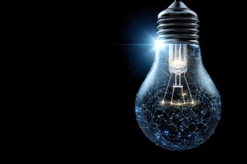 Illuminated lightbulb with a network of connections inside, glowing brightly against darkness.