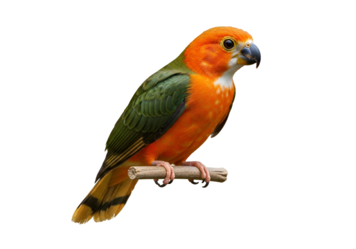 Colorful orange and green parrot perched on a small wooden stick with a black background