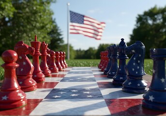 Naklejka premium Strategic Chess Game with American Flag Pieces and Backdrop