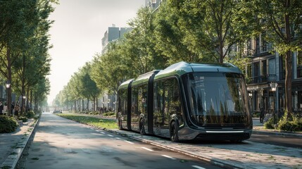 Obraz premium Autonomous bus on tree-lined city street, morning commute, sustainable transport