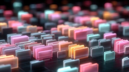 Obraz premium Abstract network grid with files and folders, futuristic software interface, digital document management system, store, search and organize documents, corporate business, paperless office 