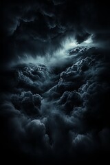 A dramatic storm of dark clouds and smoke-like wisps moves across a moonlit sea under a black, stormy sky